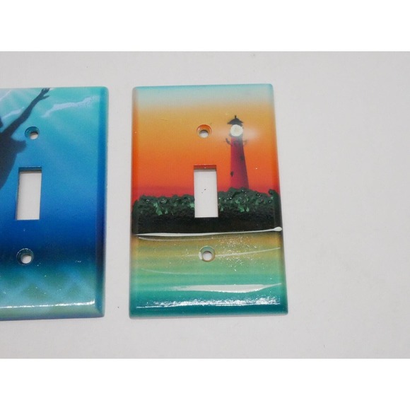 Mermaid Double & Lighthouse Single Light Switch Plate Hand Painted C. Crawford - Picture 2 of 9